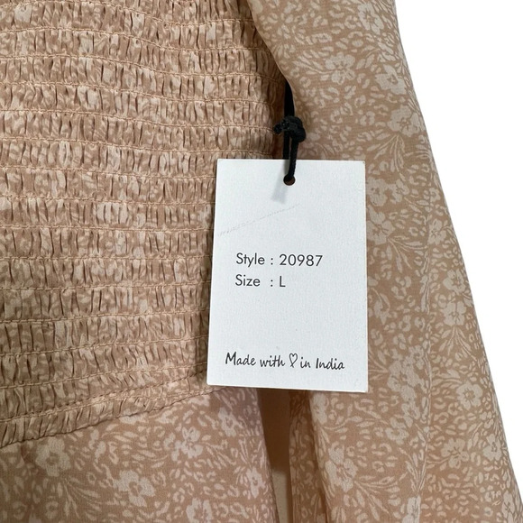 Japna Women’s L Tan Floral Smocked Long Sleeve Dress - Picture 3 of 6